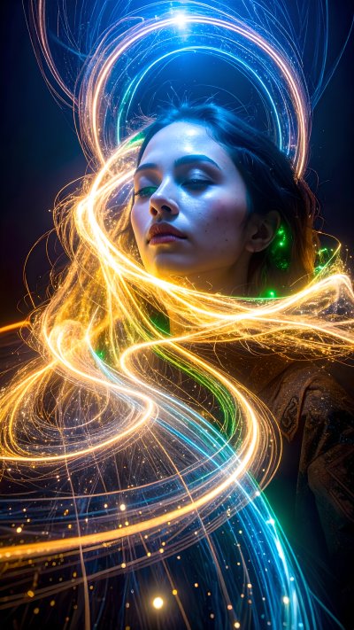 Woman in mystical golden light, embodying wonder and cosmic connection