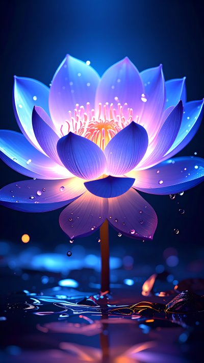 Glowing blue purple lotus flower with water drops in dark water.