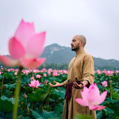 Man meditates among lotus, finding peace.