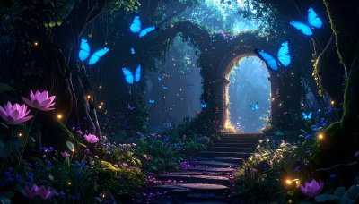 Magical forest path with glowing blue butterflies and lotus flowers
