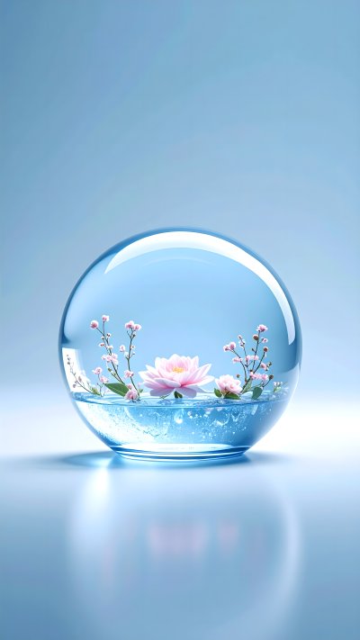 Pink lotus and cherry blossoms in glass water sphere on blue