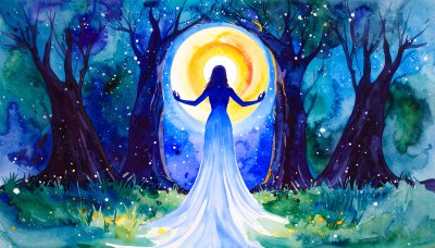 Mystical woman by glowing sun portal in starry night forest