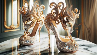 Ornate gold high heels with mask detailing, jewel-encrusted, luxurious