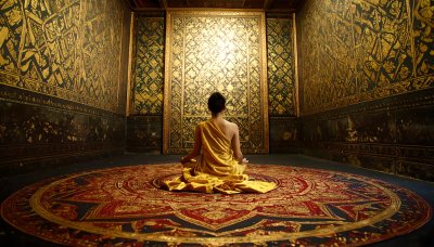 Meditating figure with golden light for spiritual green screen