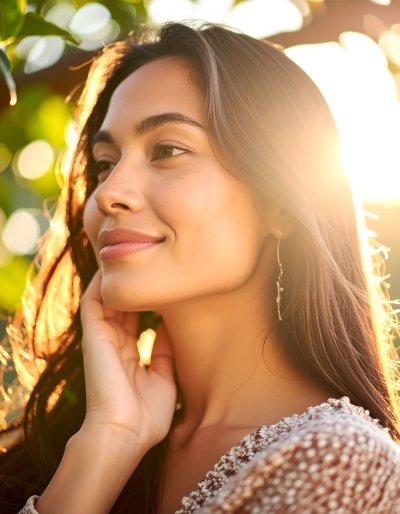 Young woman in golden hour sunlight, smiling gently
