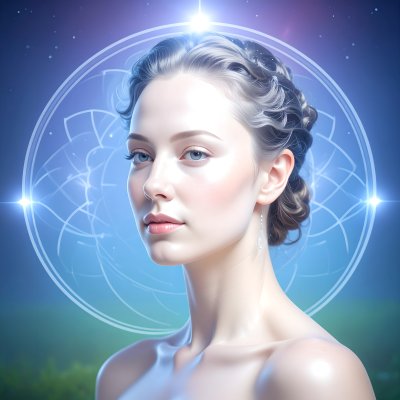 Spiritual woman with glowing geometry radiates harmony.