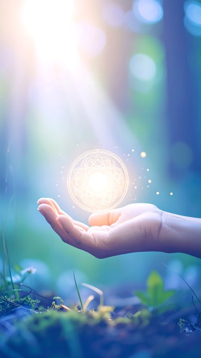 Hand holding glowing magic orb in mystical nature with light rays
