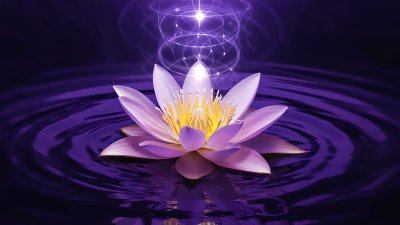 Mystical purple lotus flower radiating energy on rippling water