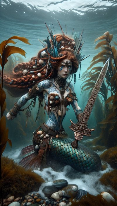 Mermaid warrior with red hair, tribal tattoos, and sword underwater