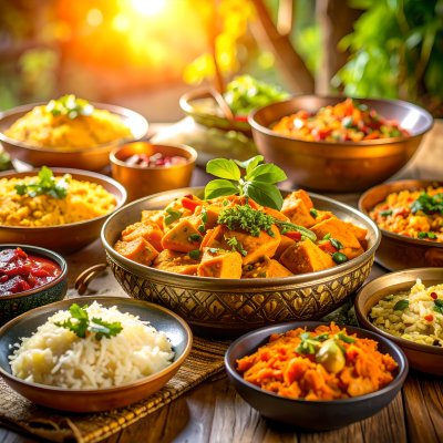 Vibrant Indian Feast: Curries, Rice, and Accompaniments