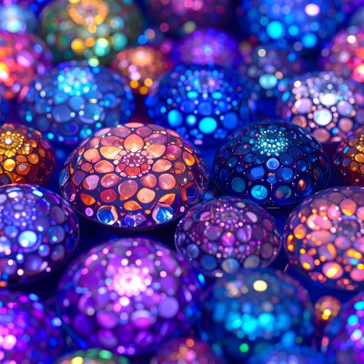 Vibrant glowing patterned spheres abstract bg in blue, purple, orange.