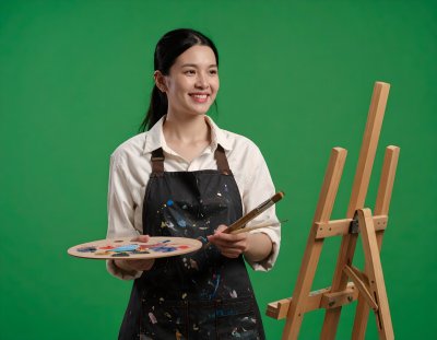 Cheerful artist with palette on green screen for creative content
