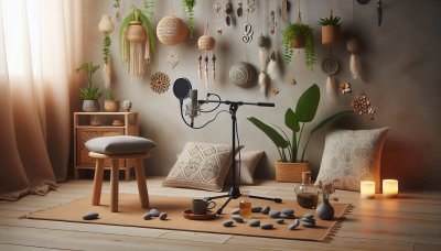 Bohemian podcast studio interior with microphone, plants, and natural 