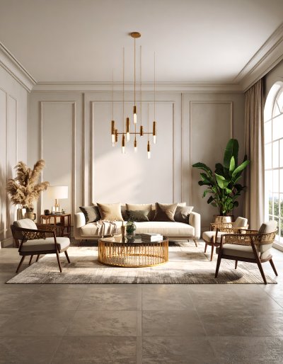 Luxurious living room with gold accents and plush seating