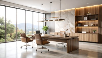 Luxurious executive office with panoramic views and natural wood