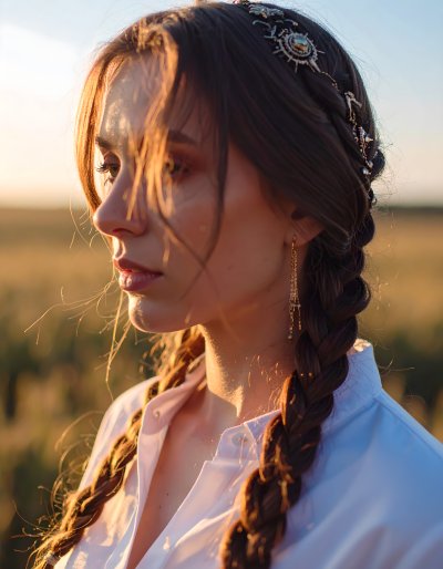 Braided hair, golden field, freedom, beauty.