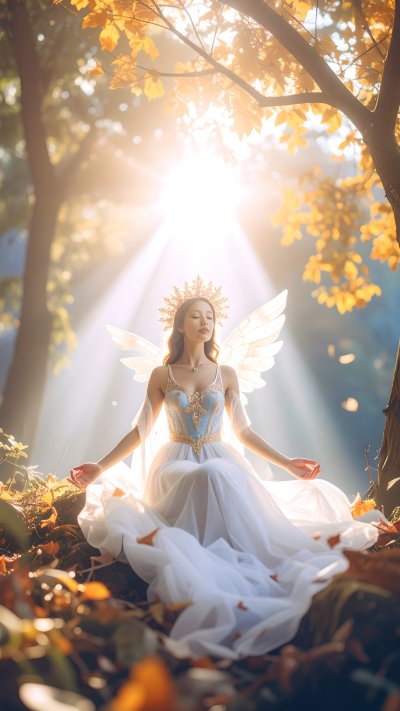 Ethereal figure meditating in sunlit autumn forest
