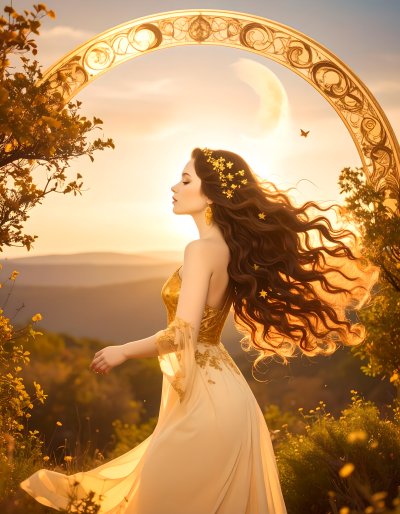 Golden Goddess in Enchanted Archway during Sunset