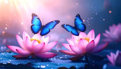 Magical blue butterflies on pink lotus flowers with sparkling light