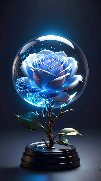 Magical glowing blue rose in glass dome on dark background