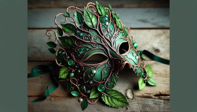 Emerald fantasy mask with copper wire, leaves, gems, and ribbons on wo