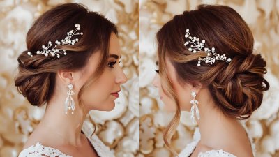Bride's elegant updo with pearl hairpiece and crystal earrings