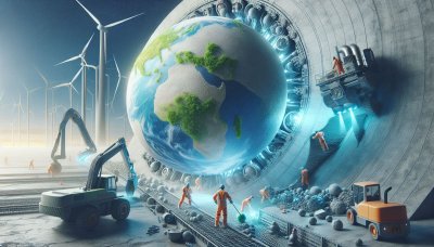 Futuristic global engineering project with Earth sphere, construction,