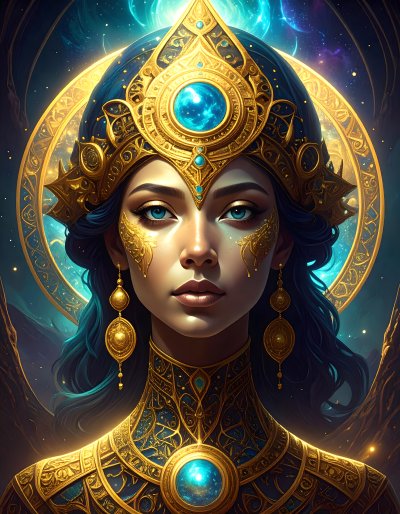 Mystical celestial goddess with gold and blue cosmic adornments
