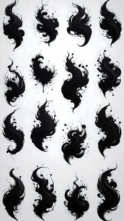 Collection of black abstract ink or paint splatters & dynamic fluid...