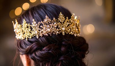 Luxurious golden tiara with pearls and diamonds on dark braided hair
