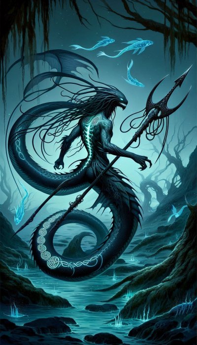 Serpentine humanoid with trident emerges from dark swamp