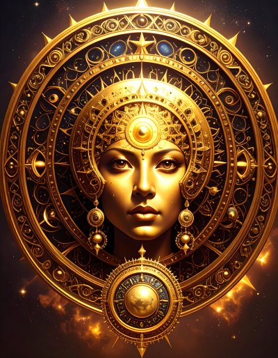 Mystical golden goddess with celestial headdress in cosmic background