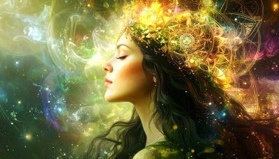 Ethereal goddess in golden crown with cosmic energies
