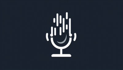 White line art microphone icon with abstract lines on dark background.