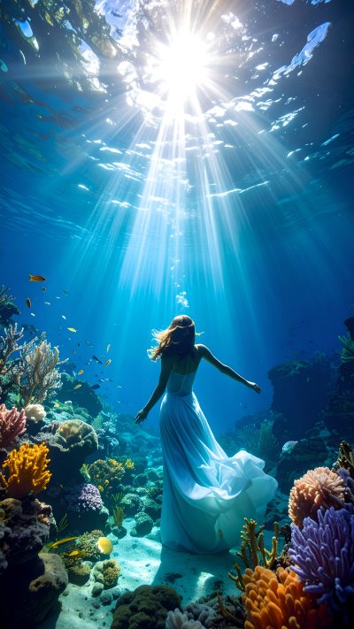 Woman in white dress underwater with sun rays and coral reef
