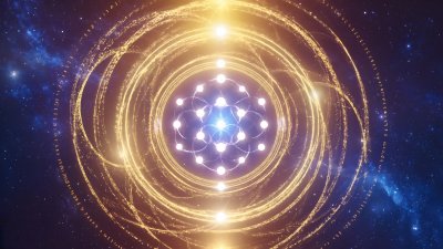 Mystical orb with golden cosmic rings in a starry nebula