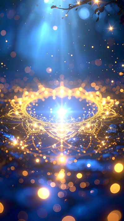Glowing golden spiritual mandala with bright light and bokeh on blue