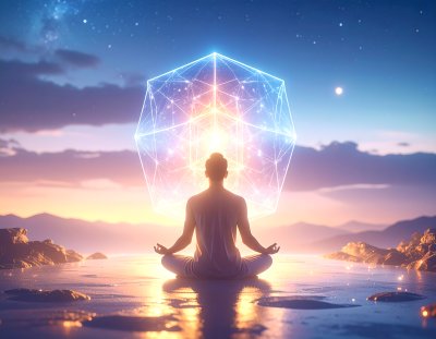 Meditating figure under glowing dawn sky.