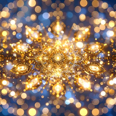 Golden ornate spiritual emblem with shimmering bokeh lights
