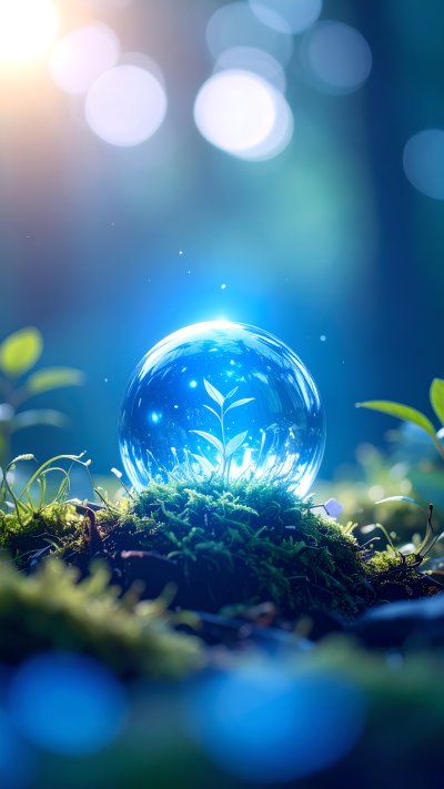 Glowing plant sprout in crystal sphere on moss