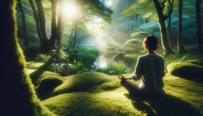 Woman meditating in sunlit forest clearing, embodying tranquility