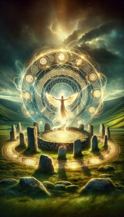 Angelic figure in a stone circle with glowing symbols in dramatic land