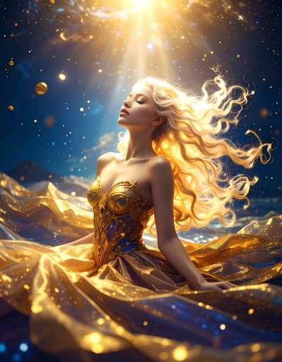 Enchanting woman in golden light amidst cosmic sea, evoking wonder