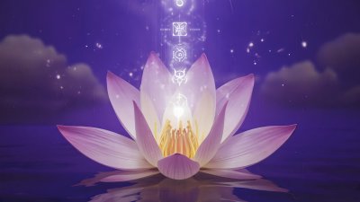 Lotus flower with spiritual energy in purple sky