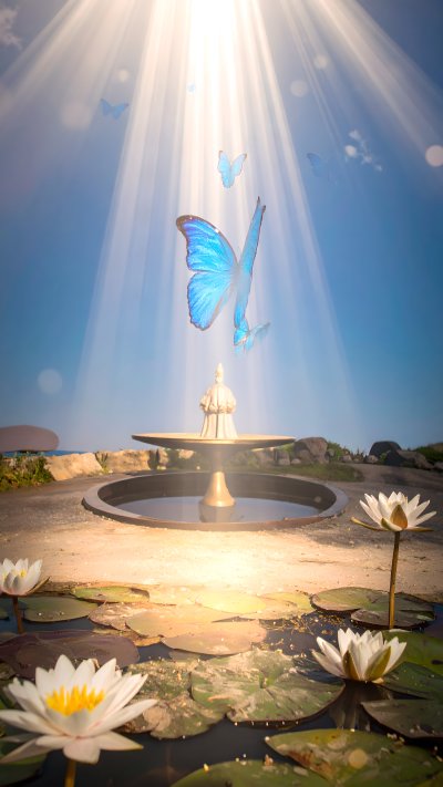 Ethereal butterflies ascend in sunbeams over lotus pond and fountain.