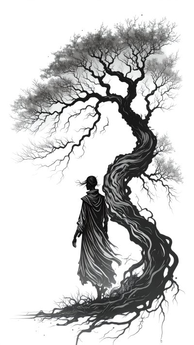 Figure in robe by twisted tree with exposed roots ink illustration
