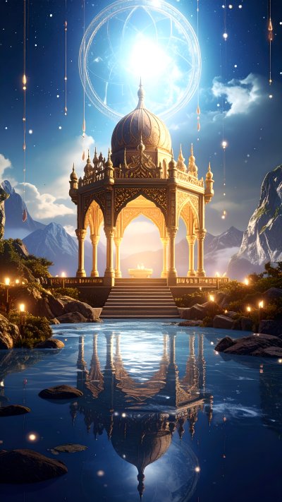 Golden temple reflection, lake, mountains, floating lights, sky ring
