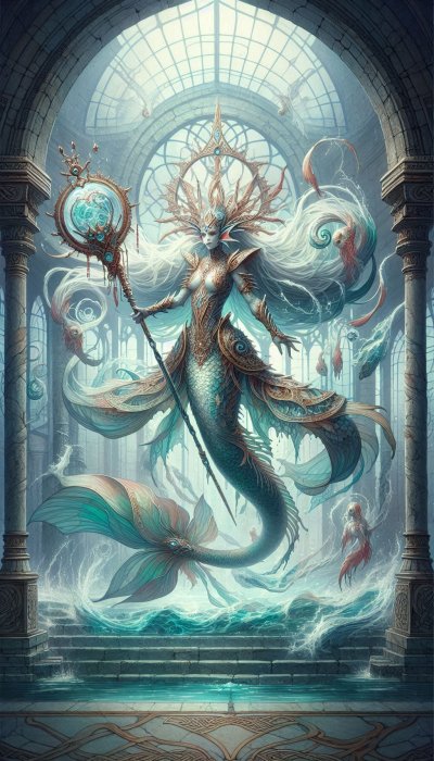 Ethereal mermaid queen in underwater temple with mystical staff