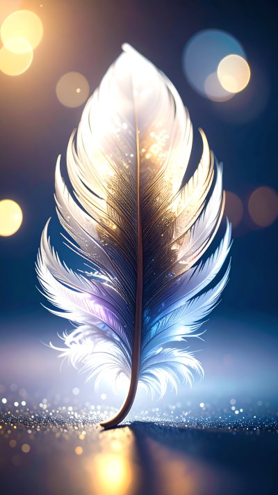 Golden and iridescent feather on sparkling surface with bokeh lights