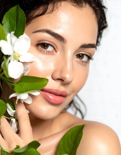 Radiant, glowing, natural beauty with blossoms.